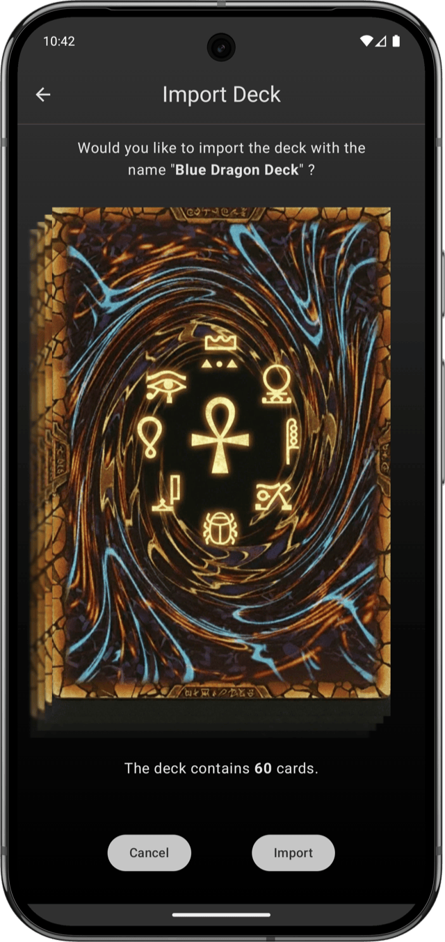 Import confirmation dialog showing a 60-card deck ready to import