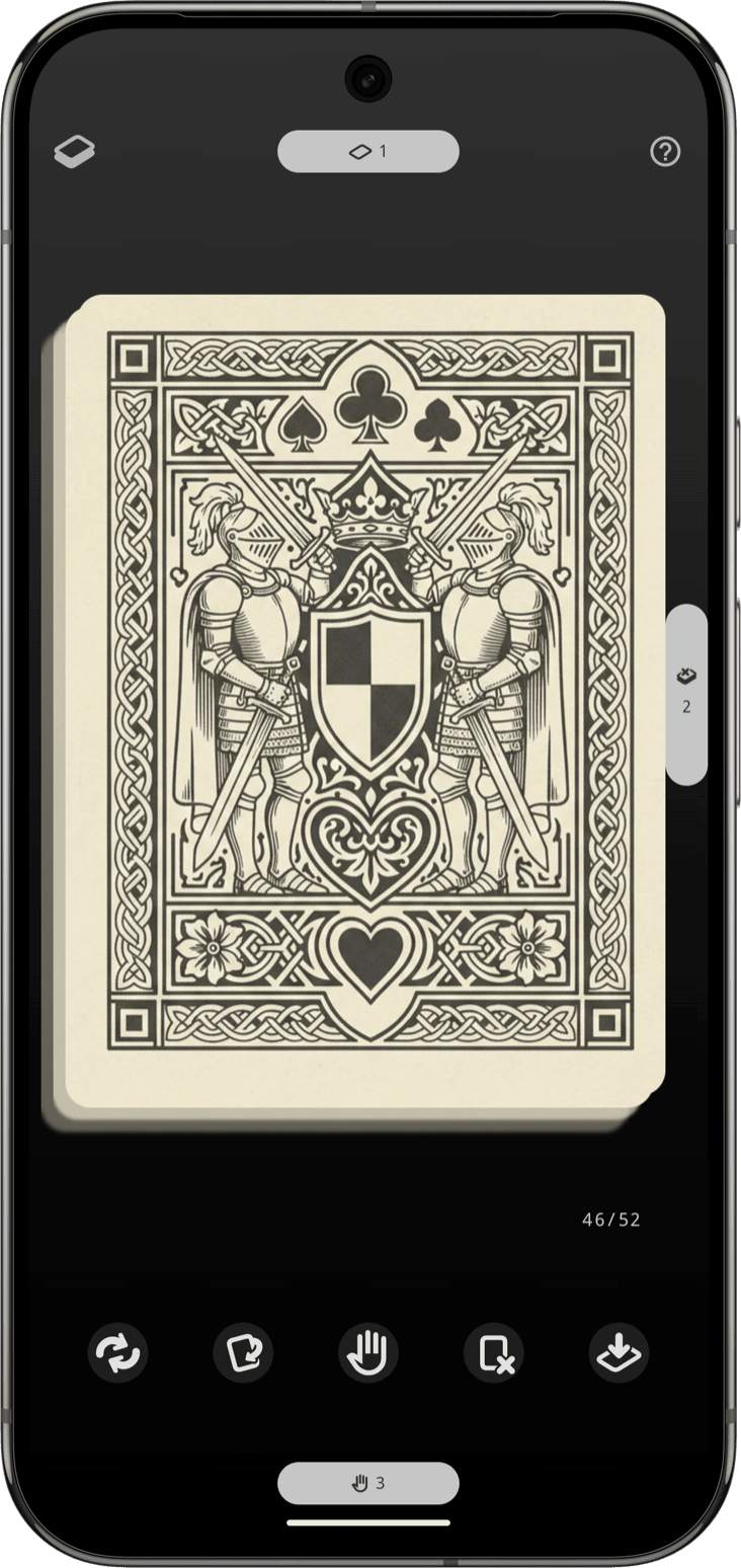 Drawing from a shuffled deck, showing a card back and the draw, peek, and discard controls