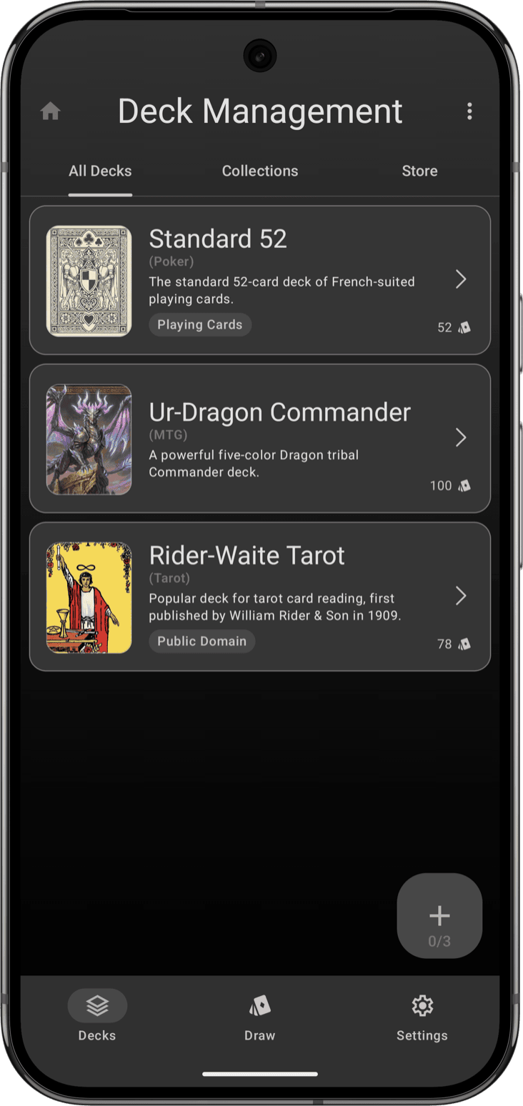 Deck library listing a Poker deck, an MTG Commander deck, and a Rider-Waite tarot deck