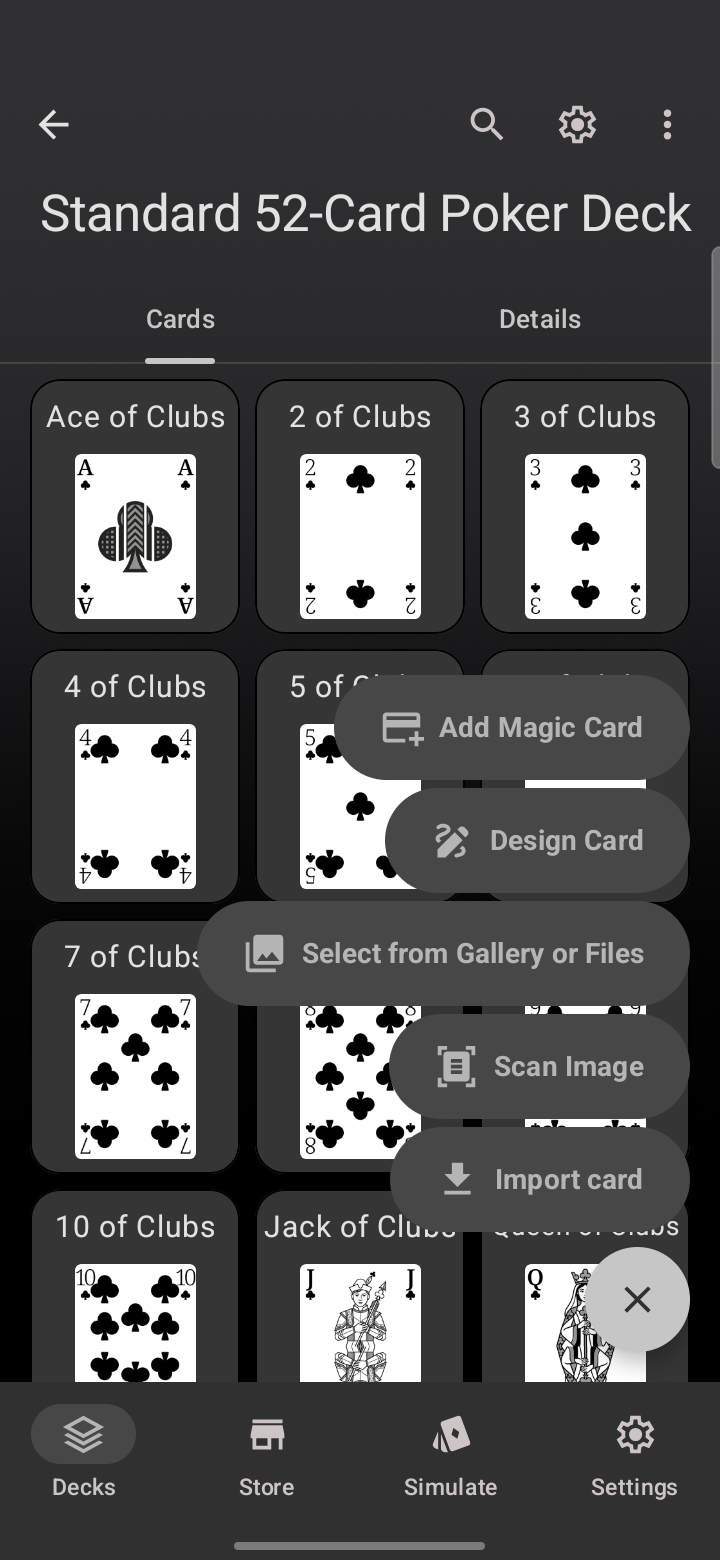 The Add Card menu showing Add Magic Card, Design Card, Select from Gallery or Files, Scan Image, and Import card