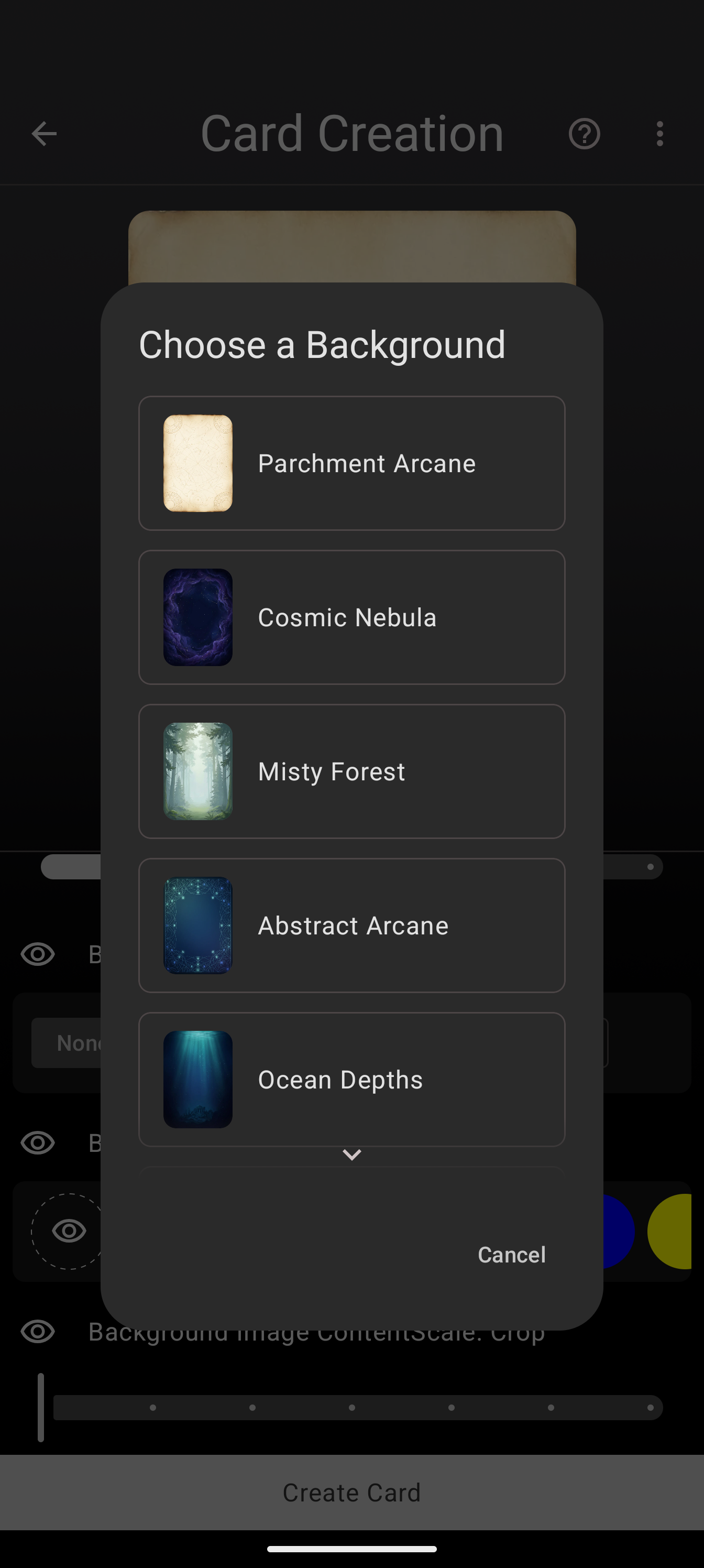 The AI background presets at the top of the Card Designer's background picker