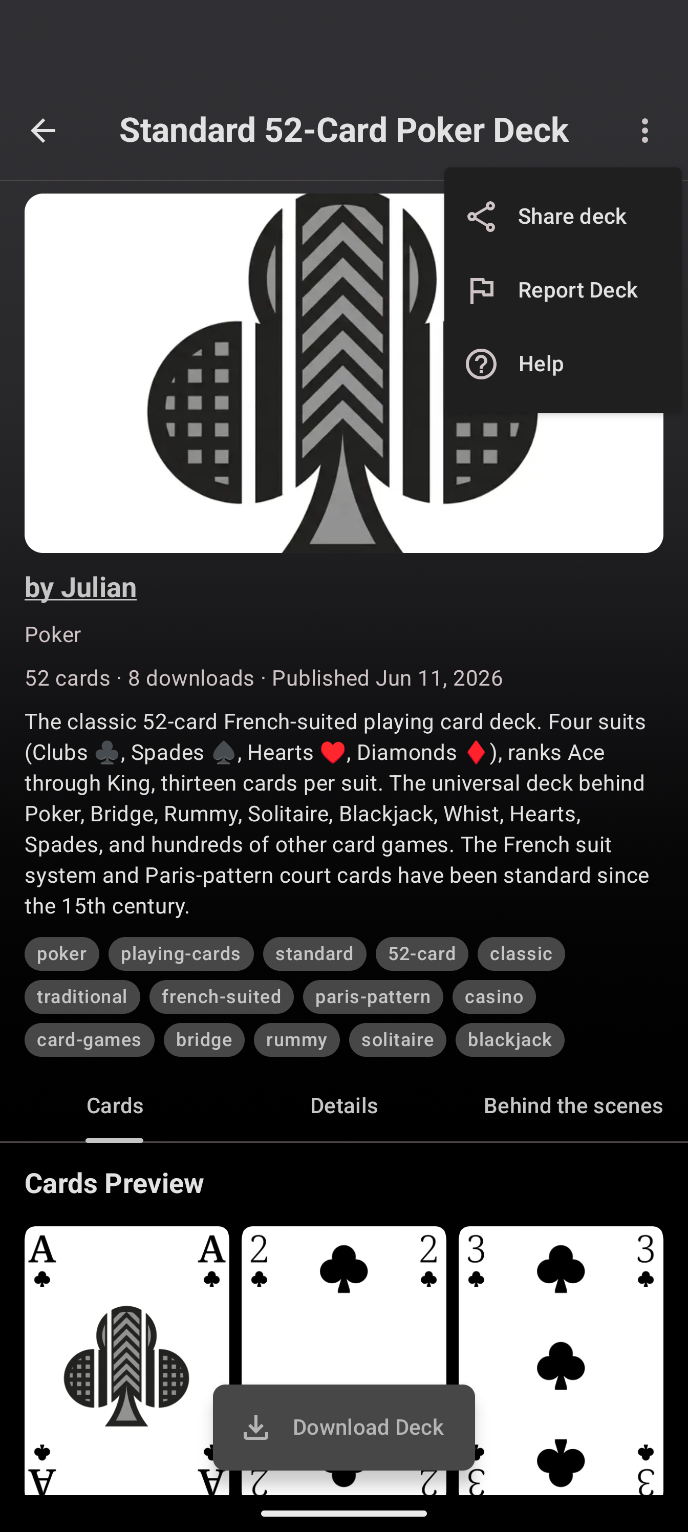 A Deck Store deck page with the overflow menu open, showing Share deck