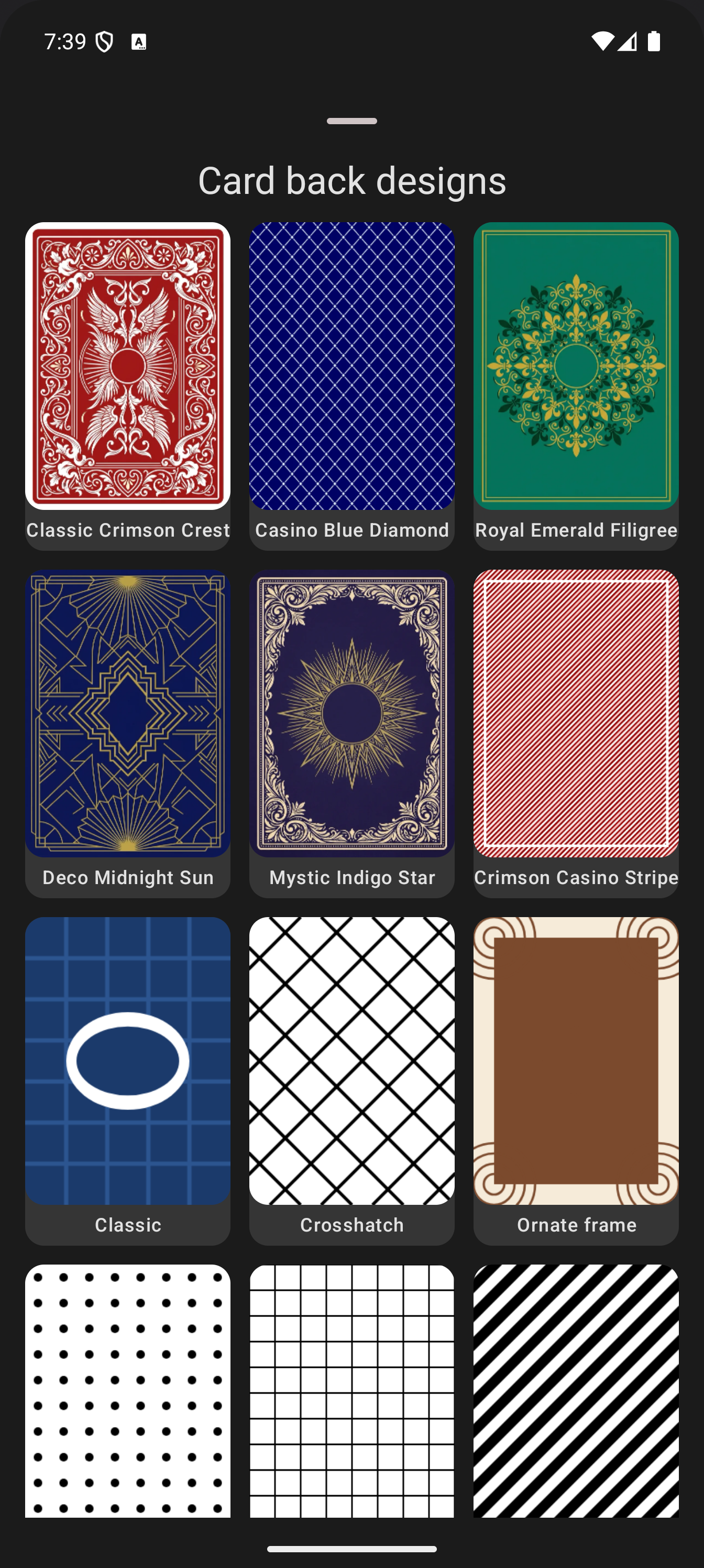 The built-in card back design gallery