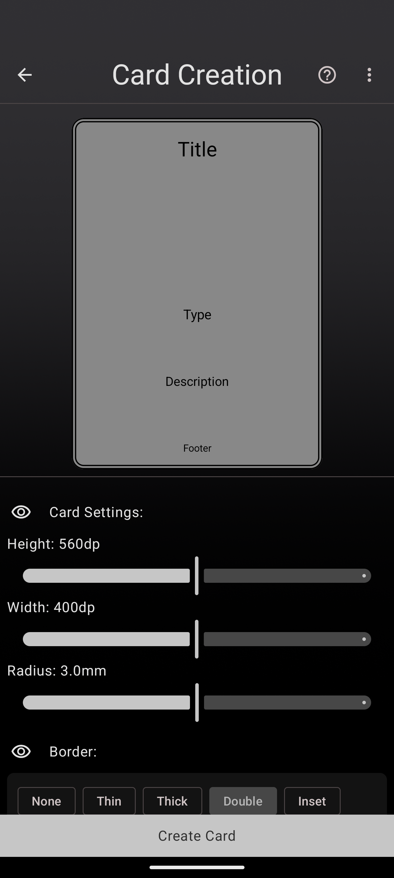 The Card Designer canvas showing a Double border applied, with the border preset chips below