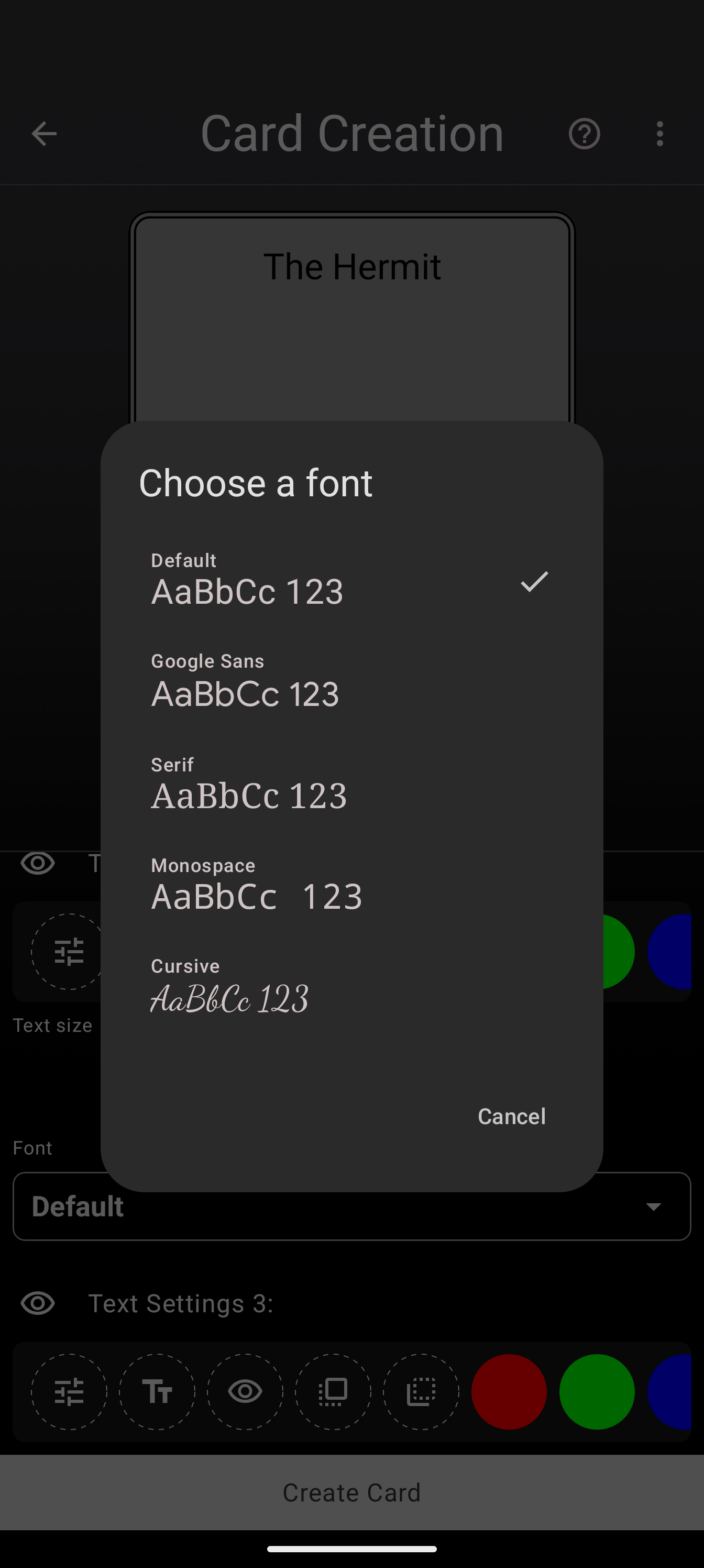 The Text-style panel with a text-size stepper and a Font dropdown set to a serif face