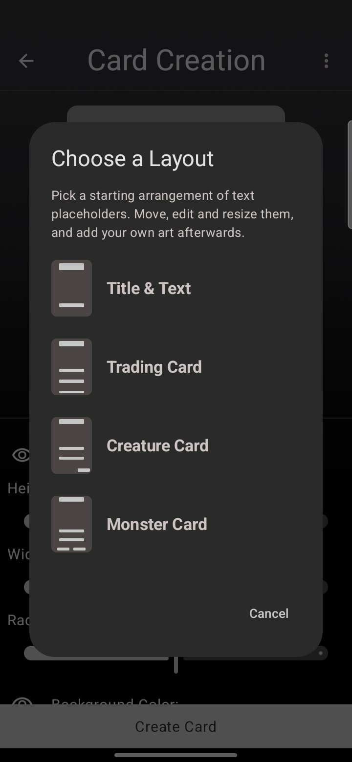 The Choose a Layout dialog with Title & Text, Trading Card, Creature Card, and Monster Card presets