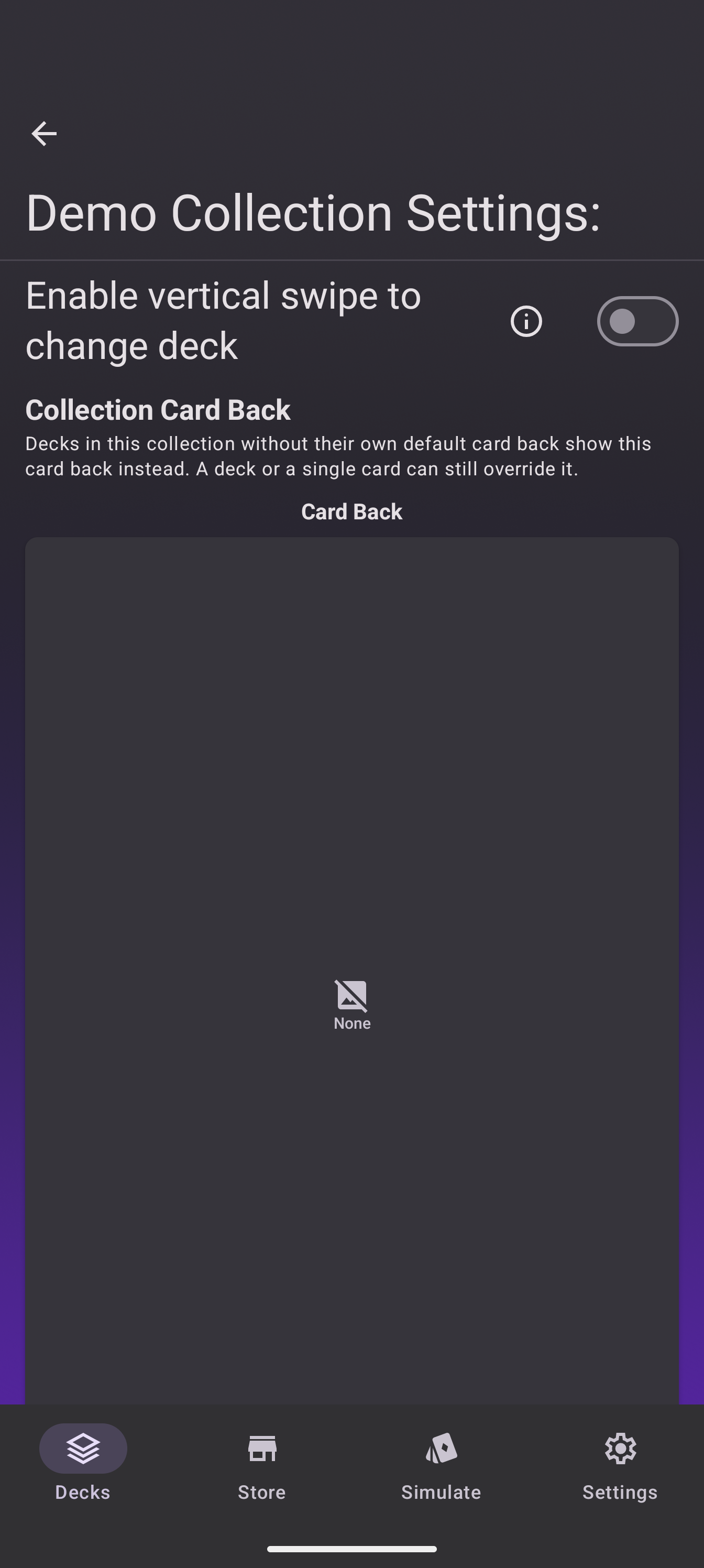 The collection card back setting in the collection settings