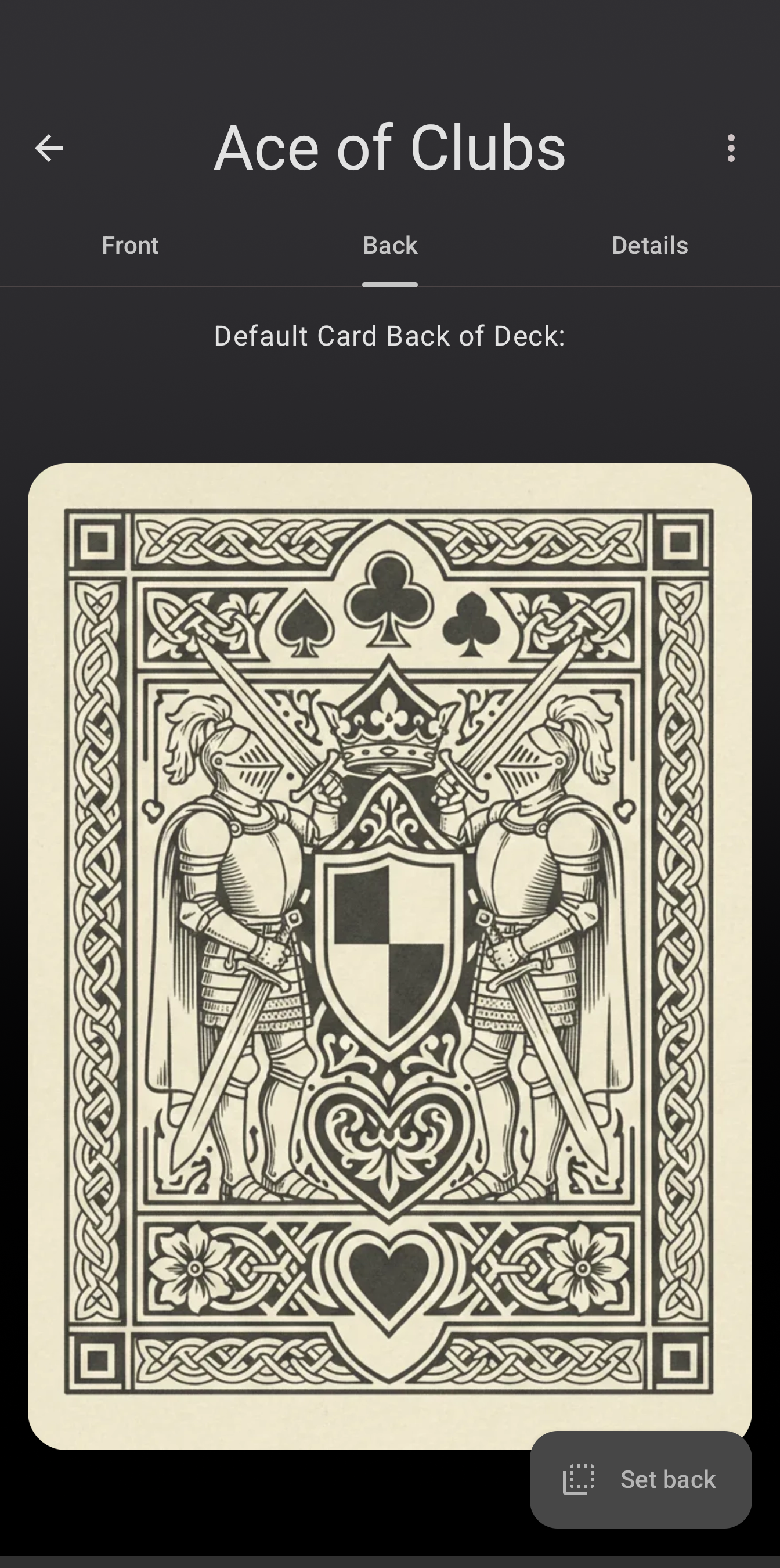 A card’s Back tab showing the deck’s default card back and the Set back button