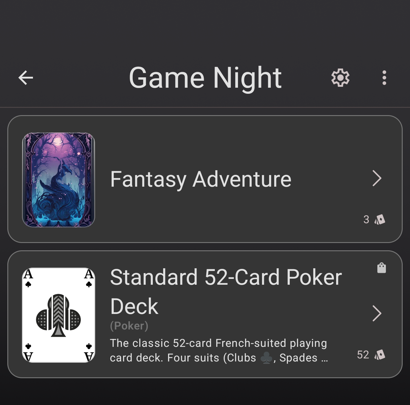 The Game Night collection holding a Fantasy Adventure deck and a Standard 52-Card Poker Deck