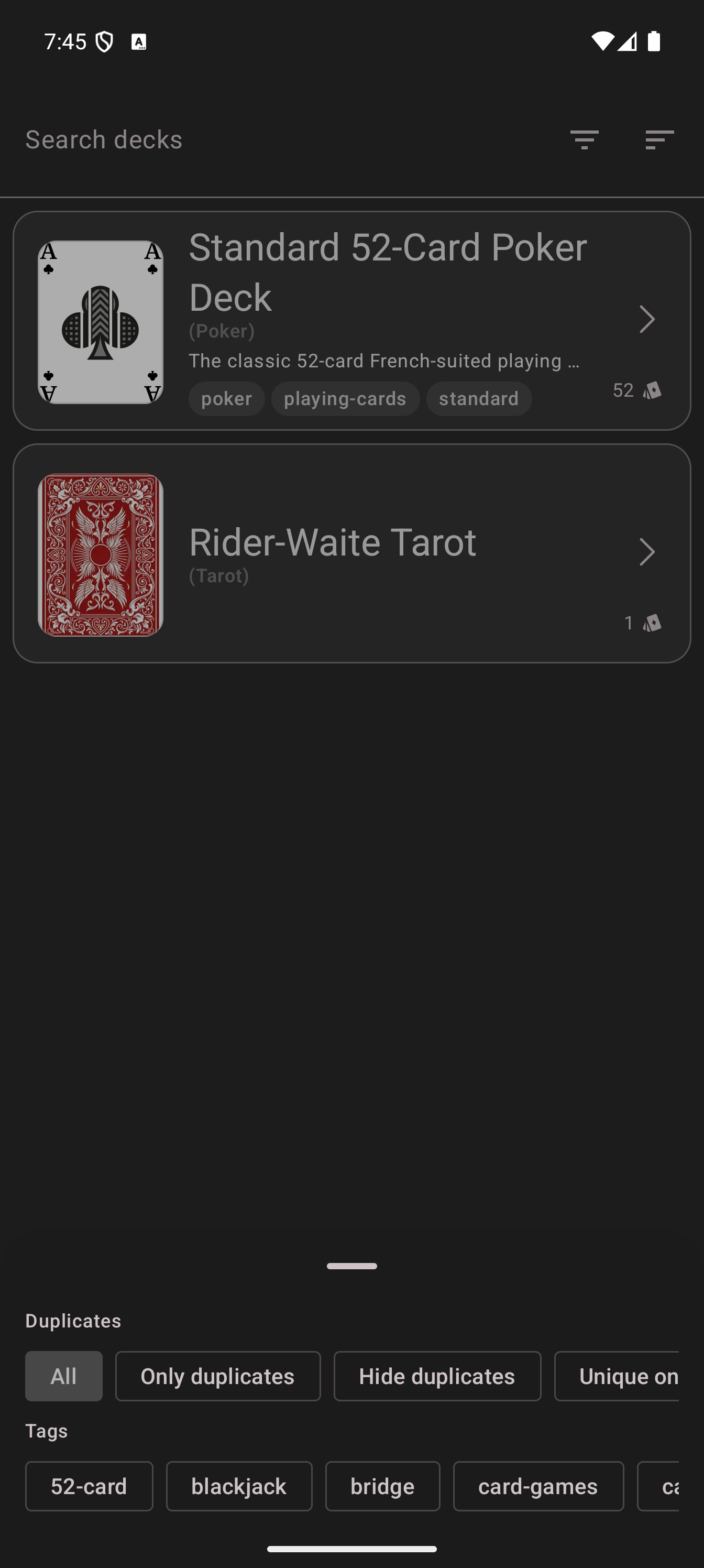 The deck search filter sheet