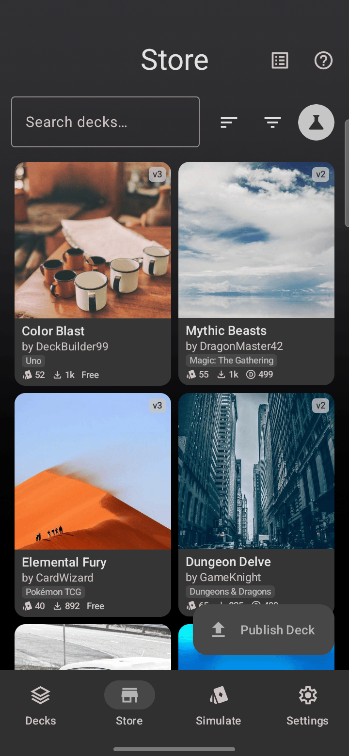 The Deck Store in Deck Builder showing a grid of community decks with the Publish Deck button.