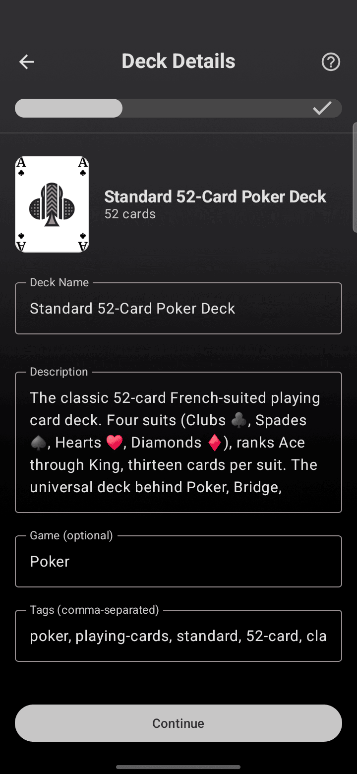 The Deck Details step of publishing, pre-filled with the Standard 52-Card Poker Deck’s name, description, game, and tags.