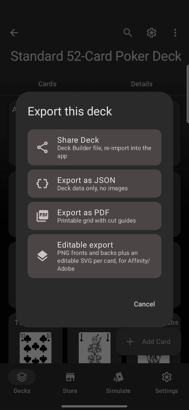 The “Export this deck” menu in Deck Builder showing Share Deck, Export as JSON, Export as PDF, and Editable export.