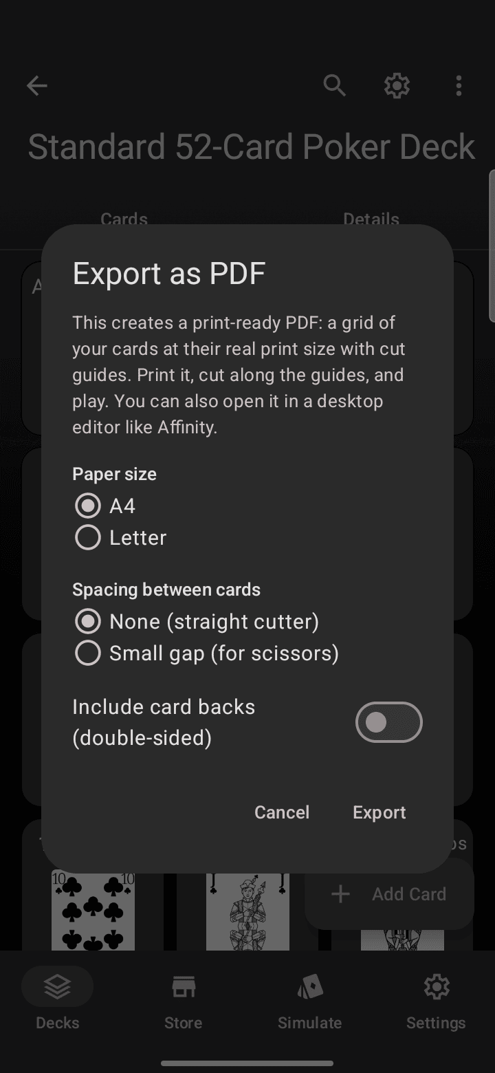 The Export as PDF dialog in Deck Builder with paper size, spacing, and double-sided options.