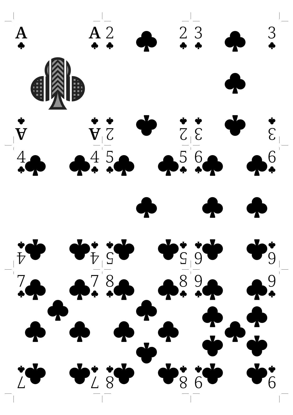 A rendered page of the print-ready PDF: a grid of poker cards at real size with cut marks.
