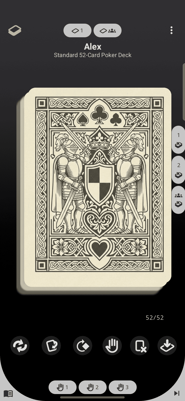 A player’s board during Pass & Play, showing the poker deck with an ornate card back and a 52/52 draw pile.