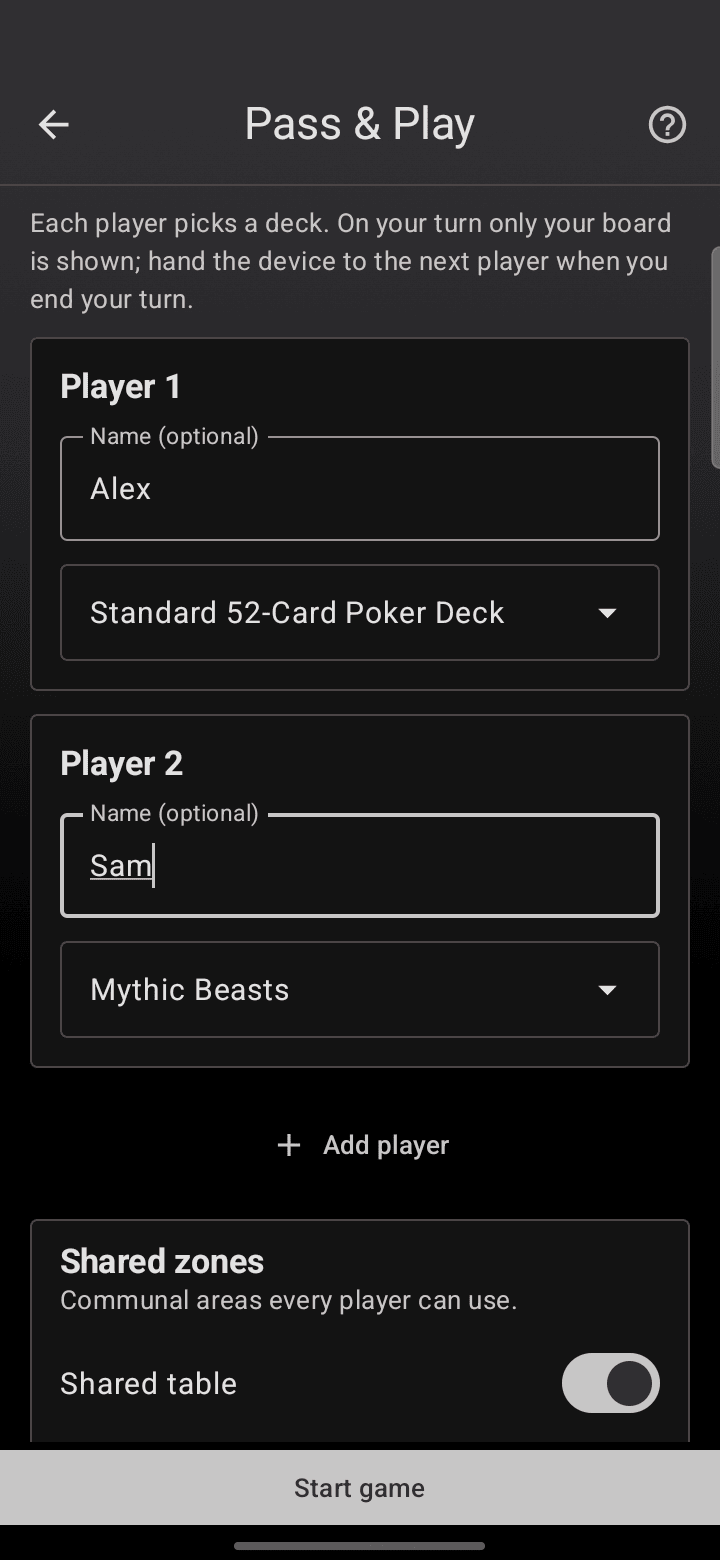 The Pass & Play setup screen in Deck Builder, with Player 1 on the poker deck and Player 2 on Mythic Beasts.
