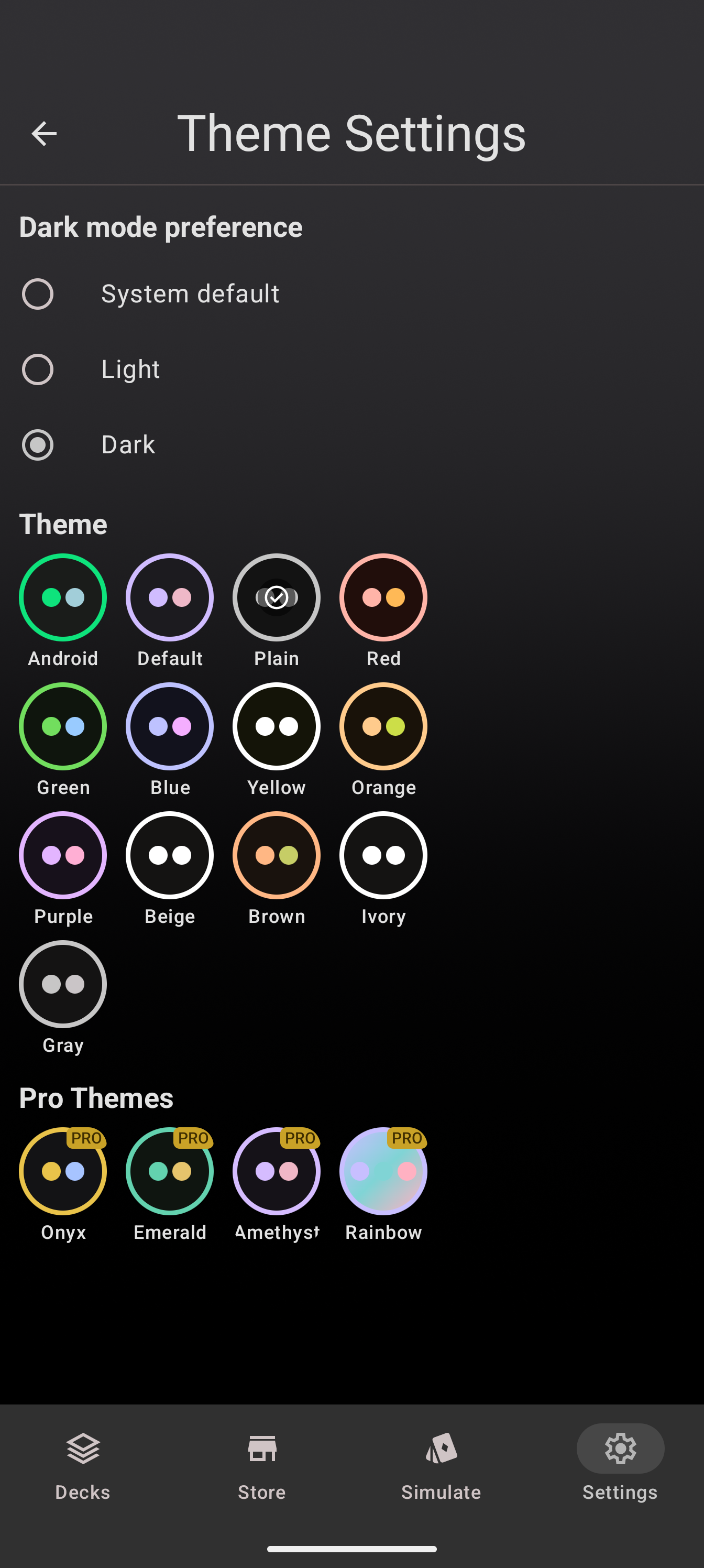 The Pro themes picker in Settings, with the swatch chips for Onyx, Emerald, Amethyst and Rainbow