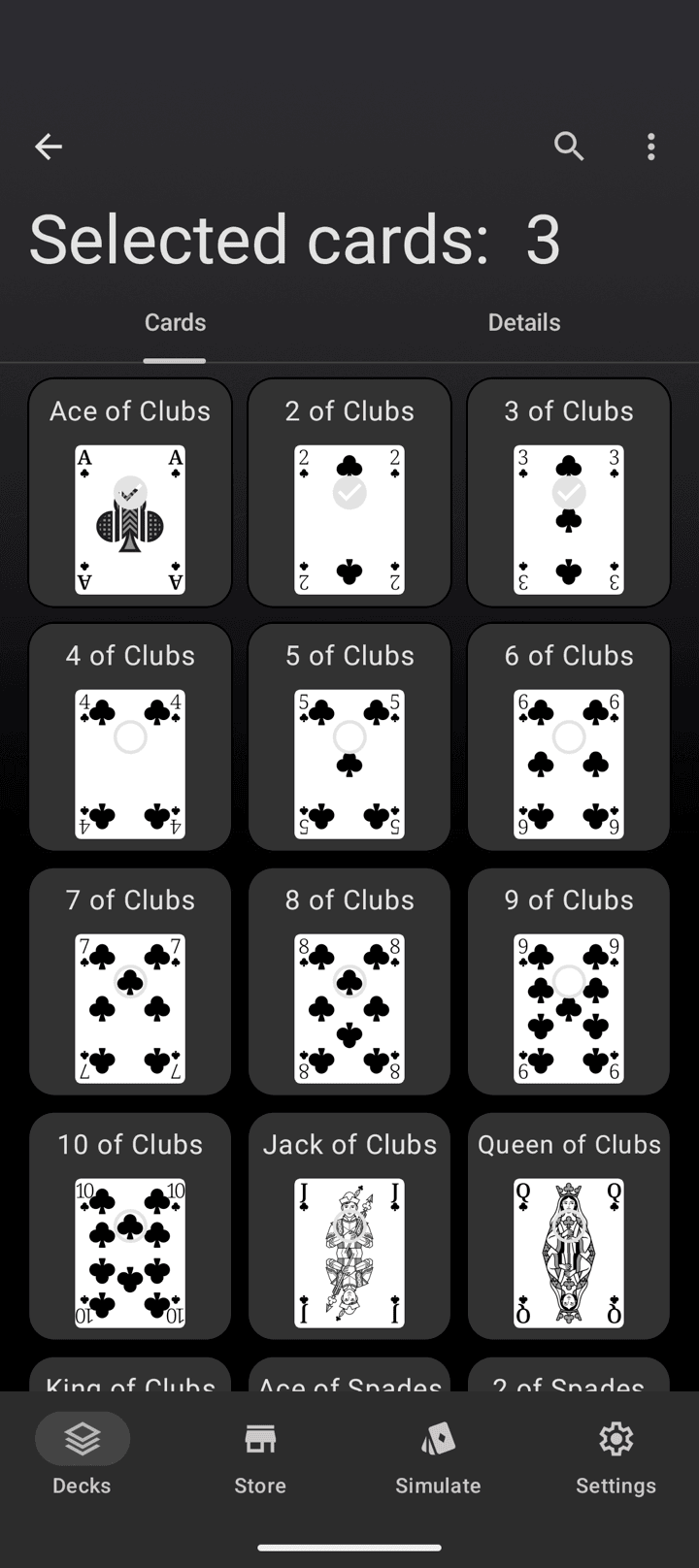 Deck Builder in selection mode, showing three selected cards counted in the title bar
