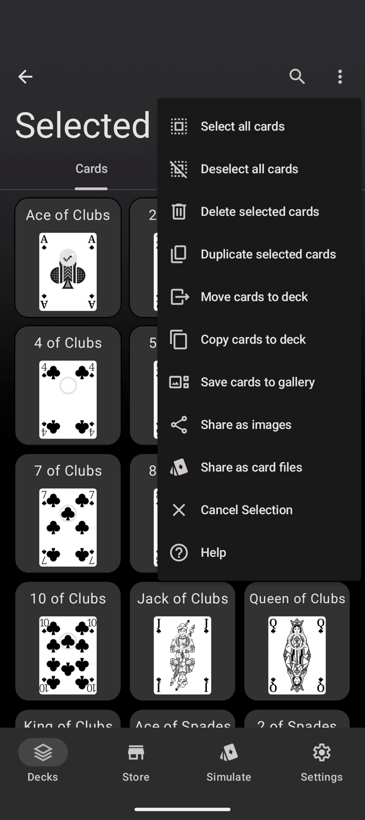 The Deck Builder selection menu open over a deck of cards, with Share as card files among the options