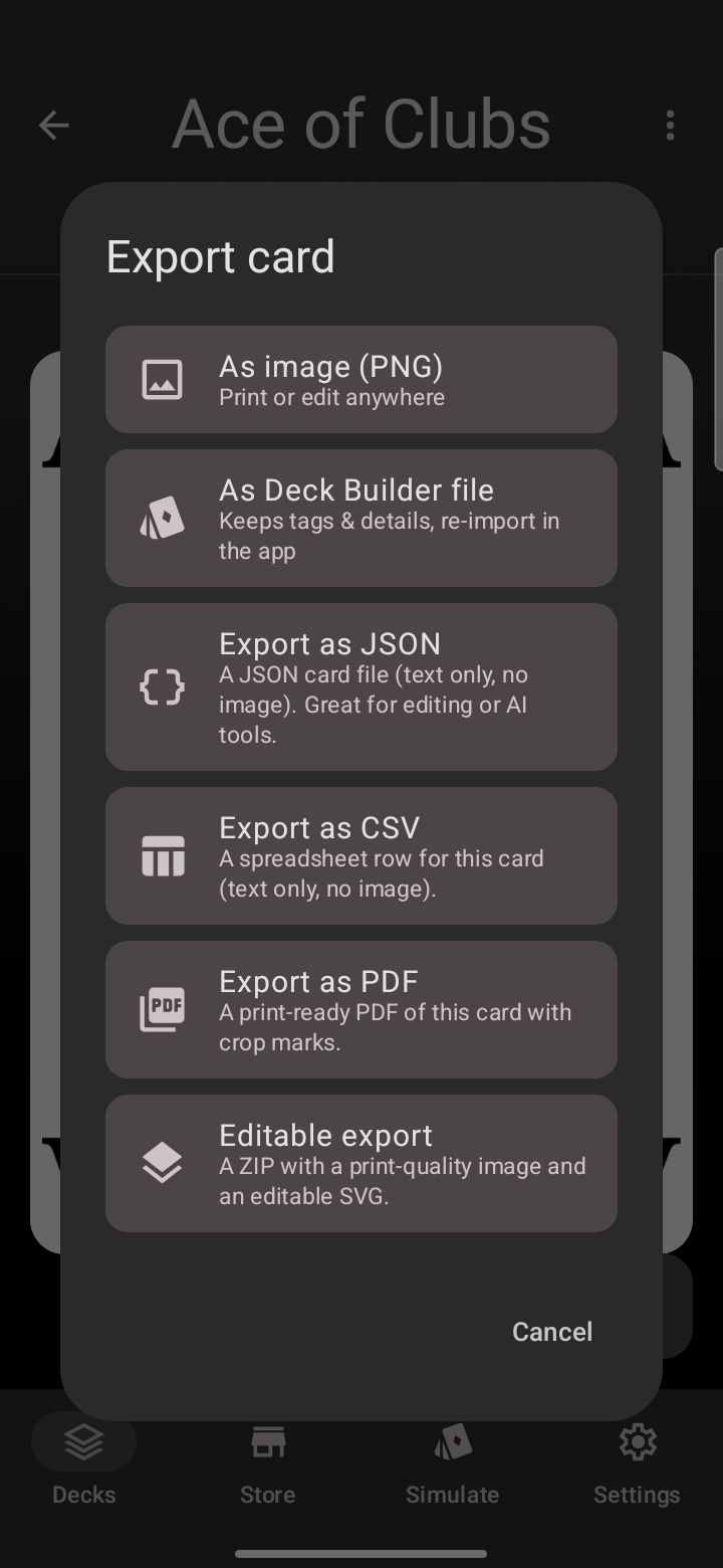 The single-card export chooser with image, Deck Builder file, JSON, CSV, PDF, and editable export options