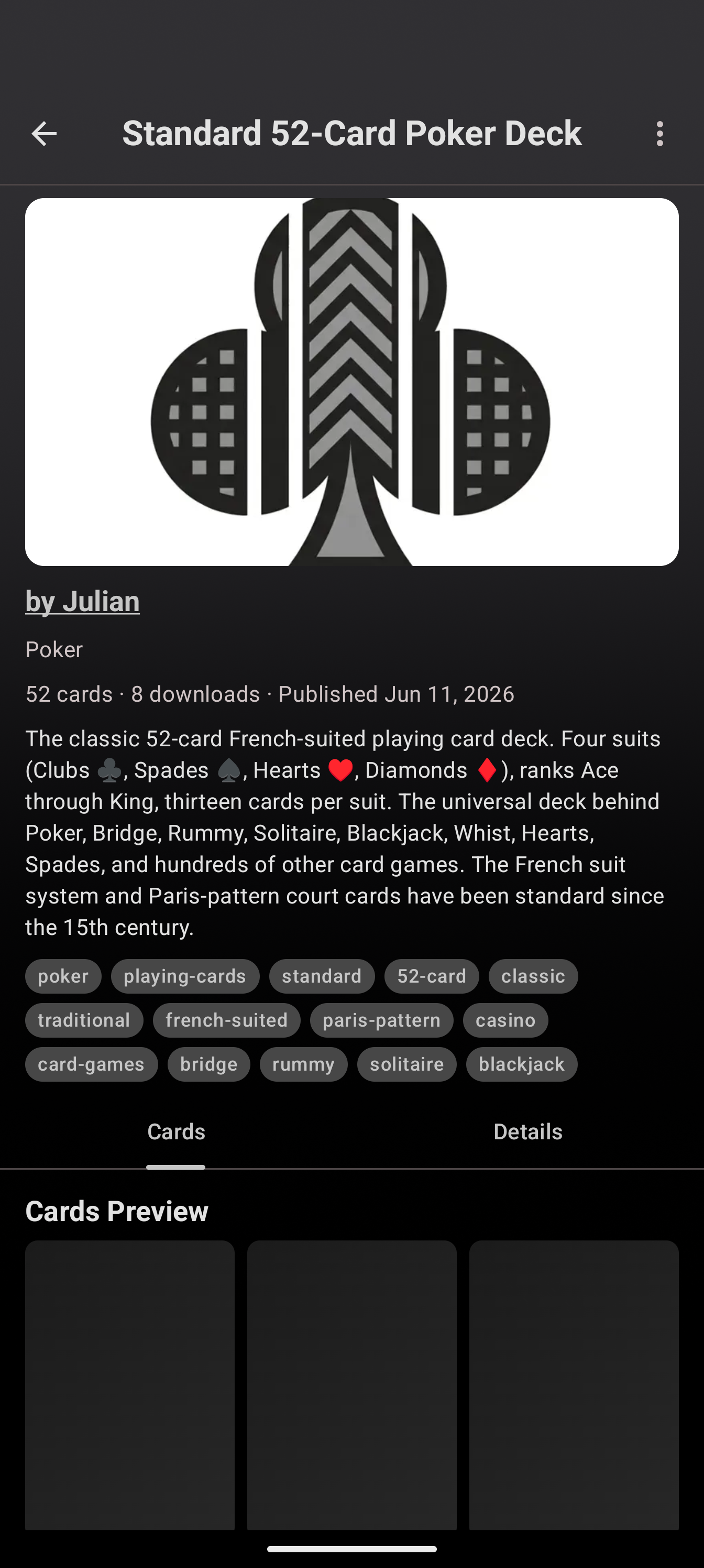 A Deck Store deck detail page for the Standard 52-Card Poker Deck