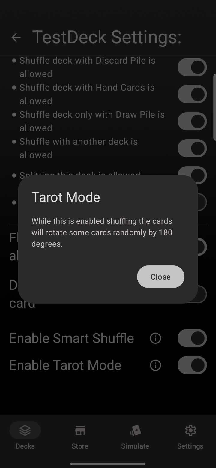 The Enable Tarot Mode toggle and its in-app explanation in a deckās settings in Deck Builder.